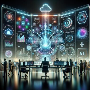 Futuristisches digitales Arbeitsumfeld mit Vertex AI Dashboard, holografischen Symbolen und kollaborierenden Marketers