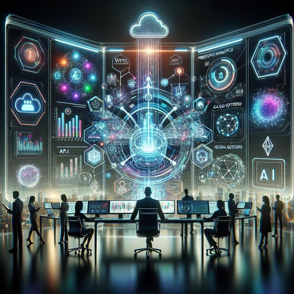 Futuristisches digitales Arbeitsumfeld mit Vertex AI Dashboard, holografischen Symbolen und kollaborierenden Marketers