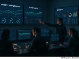 Hochmoderner Kontrollraum mit großen digitalen Monitoren, auf denen Echtzeit-Daten zu Website-Performance und Serverstatus angezeigt werden, umgeben von Technikern und Analysten.