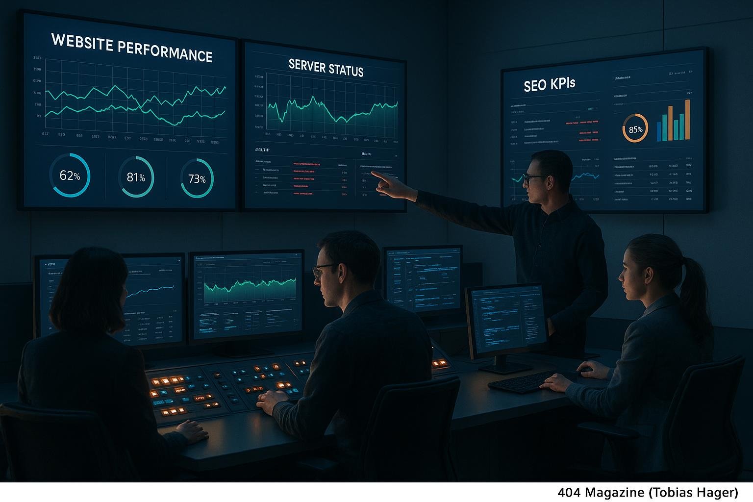 Hochmoderner Kontrollraum mit großen digitalen Monitoren, auf denen Echtzeit-Daten zu Website-Performance und Serverstatus angezeigt werden, umgeben von Technikern und Analysten.