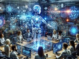 Futuristischer digitaler Arbeitsplatz mit holographischen Bildschirmen, KI-Roboter und einem Team von Fachleuten, die an fortschrittlicher KI-Technologie arbeiten