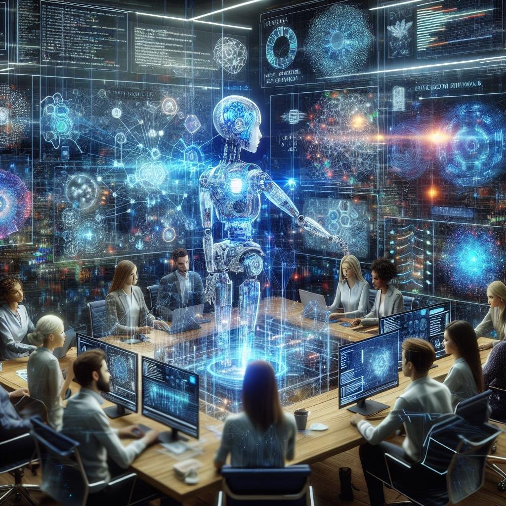 Futuristischer digitaler Arbeitsplatz mit holographischen Bildschirmen, KI-Roboter und einem Team von Fachleuten, die an fortschrittlicher KI-Technologie arbeiten