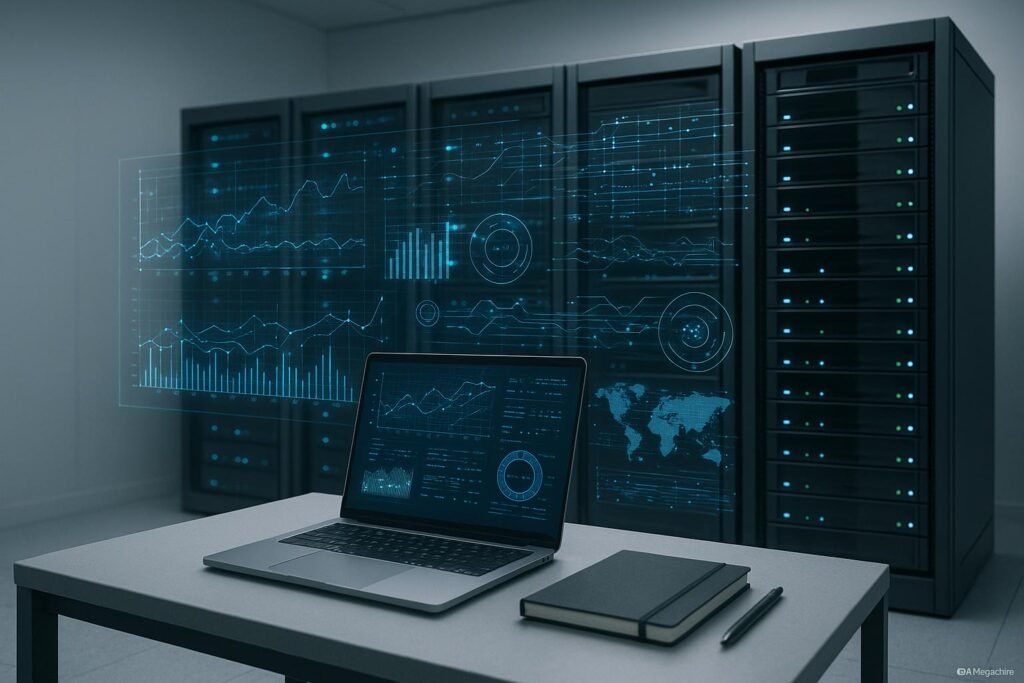 Minimalistischer, moderner Serverraum mit schwarzen Rack-Servern, holografischen Datenströmen, Laptop und Notizbuch im Vordergrund, futuristische und fortschrittliche Atmosphäre