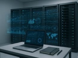 Minimalistischer, moderner Serverraum mit schwarzen Rack-Servern, holografischen Datenströmen, Laptop und Notizbuch im Vordergrund, futuristische und fortschrittliche Atmosphäre