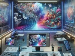 Futuristisches Arbeitszimmer mit holografischen neuronalen Netzwerken, lebendigen KI-generierten Bildern, einem großen Bildschirm, Tastatur, Grafiktablett und Virtual-Reality-Headsets, inspiriert von modernster KI-Technologie.