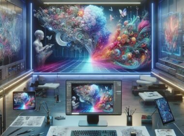 Futuristisches Arbeitszimmer mit holografischen neuronalen Netzwerken, lebendigen KI-generierten Bildern, einem großen Bildschirm, Tastatur, Grafiktablett und Virtual-Reality-Headsets, inspiriert von modernster KI-Technologie.