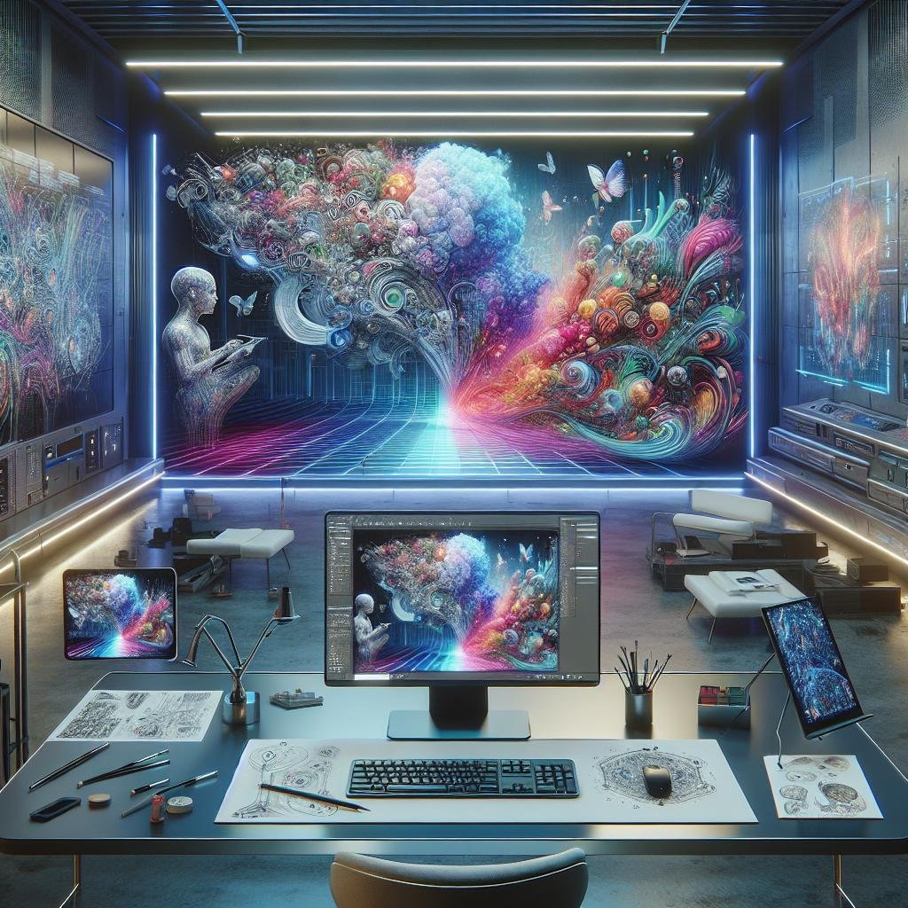 Futuristisches Arbeitszimmer mit holografischen neuronalen Netzwerken, lebendigen KI-generierten Bildern, einem großen Bildschirm, Tastatur, Grafiktablett und Virtual-Reality-Headsets, inspiriert von modernster KI-Technologie.