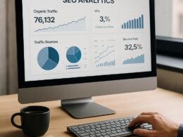 Büro-Setup mit Monitor, der eine Website-Analytik-Dashboard mit Grafiken zu SEO-KPIs zeigt, im Hintergrund Notizbücher, Kaffee und eine Hand beim Tippen.