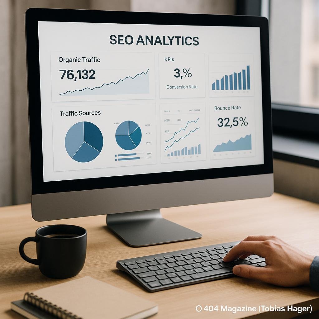 Büro-Setup mit Monitor, der eine Website-Analytik-Dashboard mit Grafiken zu SEO-KPIs zeigt, im Hintergrund Notizbücher, Kaffee und eine Hand beim Tippen.