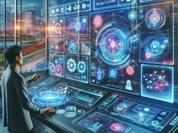 Futuristischer Arbeitsplatz mit holographischen Interfaces, interagierendem Kreativprofi und urbaner Hintergrundszene, die die Zukunft von Marketing und Design symbolisiert