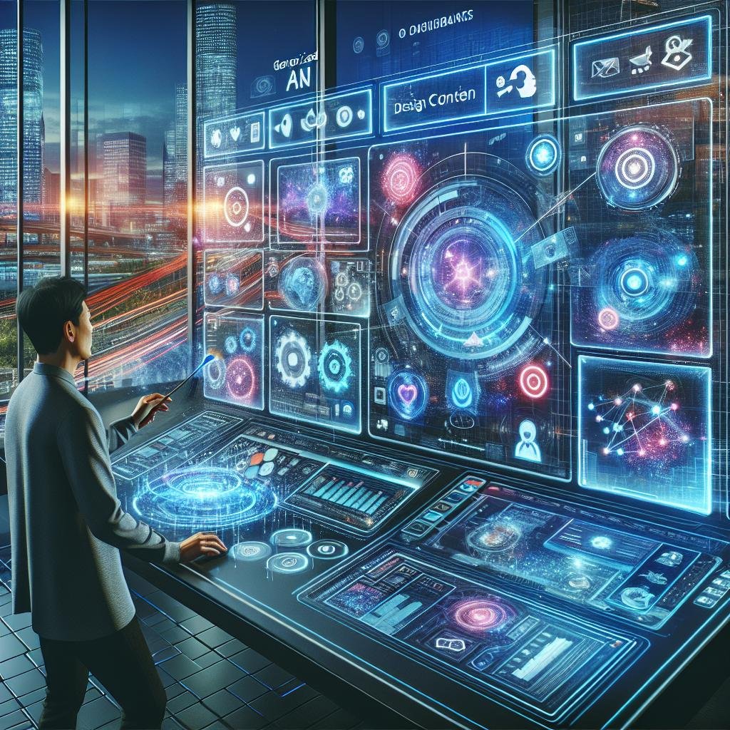 Futuristischer Arbeitsplatz mit holographischen Interfaces, interagierendem Kreativprofi und urbaner Hintergrundszene, die die Zukunft von Marketing und Design symbolisiert