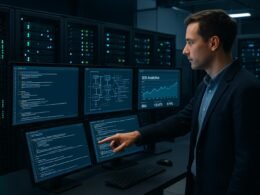 Person in Business-Casual-Kleidung, der auf Monitore zeigt, die Serverinformationen und SEO-Daten anzeigen, in einem hochmodernen Serverraum.