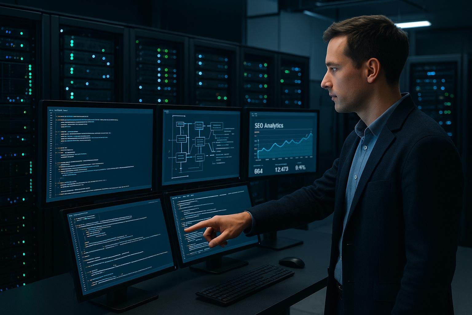 Person in Business-Casual-Kleidung, der auf Monitore zeigt, die Serverinformationen und SEO-Daten anzeigen, in einem hochmodernen Serverraum.