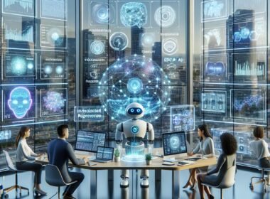 Futuristischer digitaler Arbeitsplatz mit holographischen Datenvisualisierungen, KI-Assistent und vernetzten Stadtgeräten, symbolisiert die Integration von KI in Marketing und Technologie