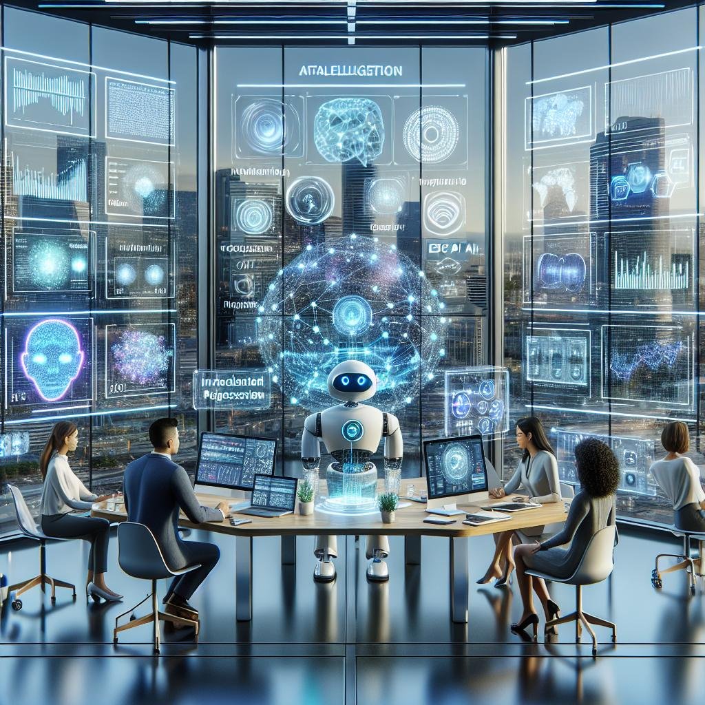 Futuristischer digitaler Arbeitsplatz mit holographischen Datenvisualisierungen, KI-Assistent und vernetzten Stadtgeräten, symbolisiert die Integration von KI in Marketing und Technologie