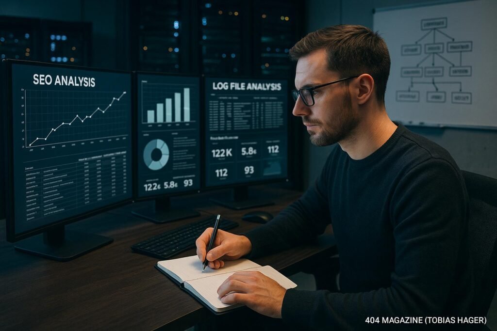 SEO-Analyst vor großen Monitoren mit Diagrammen und technischen Webseitendaten, im Hintergrund Server-Racks und Whiteboard mit Website-Architektur-Skizzen, aufgenommen von Tobias Hager für 404 Magazine