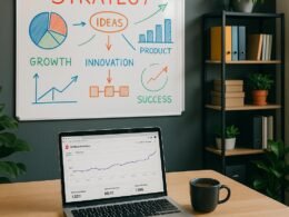 Modernes Büro mit Whiteboard, Laptop und Pflanzen, kreative Arbeitsumgebung