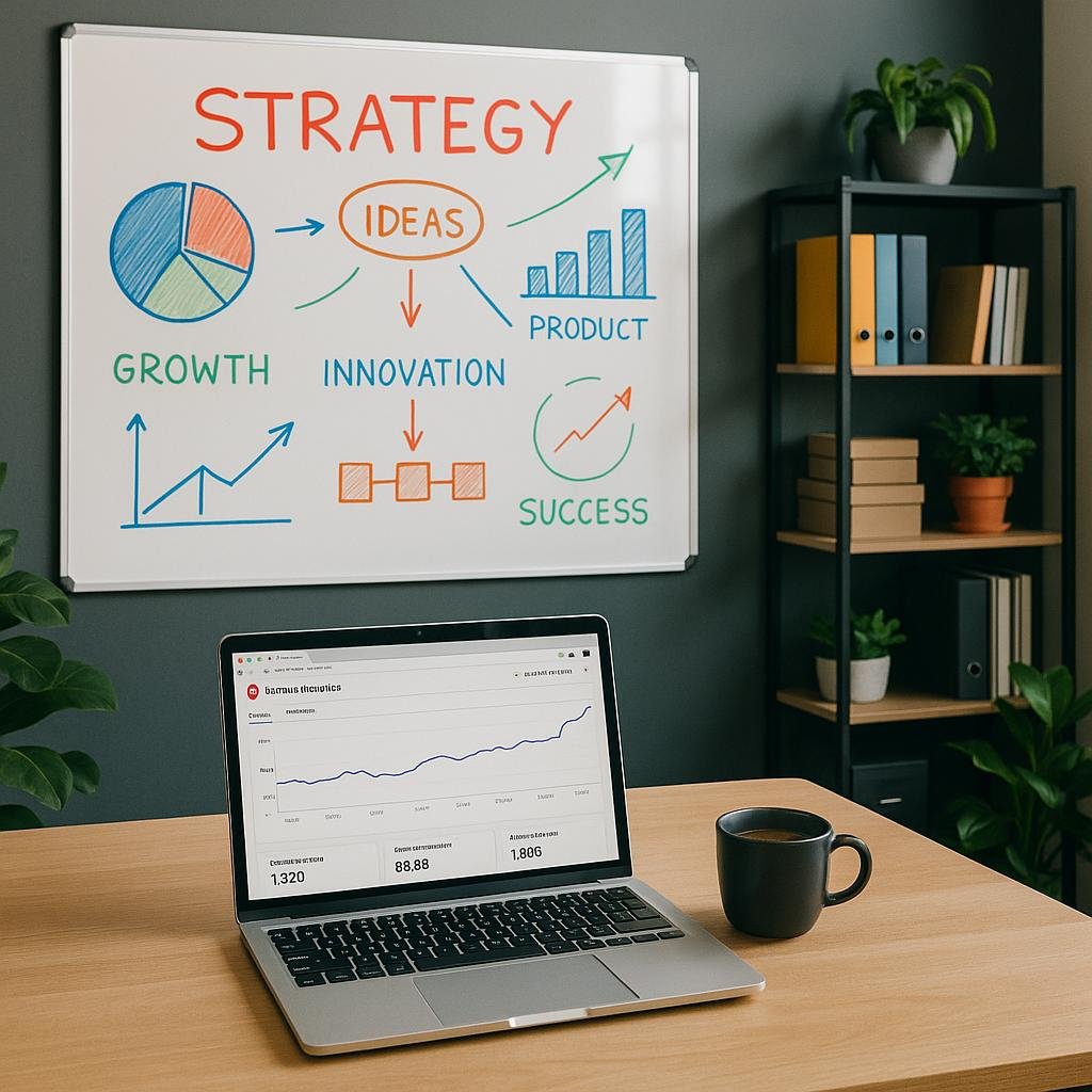 Modernes Büro mit Whiteboard, Laptop und Pflanzen, kreative Arbeitsumgebung