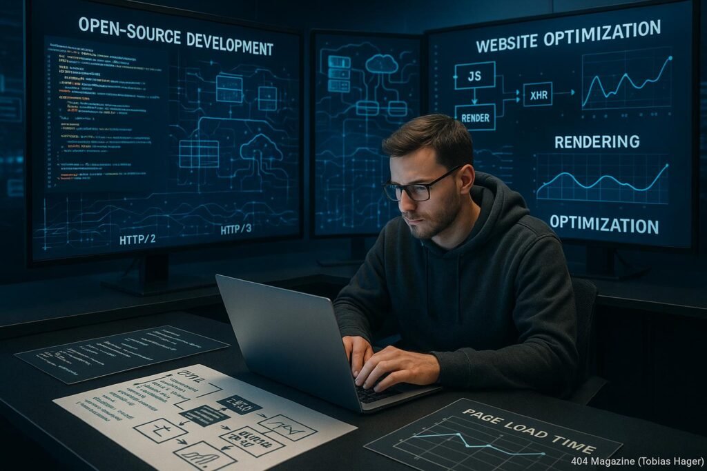 Entwickler arbeitet an einem Laptop in einem modernen Büro mit großen Monitoren, umgeben von Diagrammen, Servergrafiken und Renderpfaden, die die Webentwicklung und SEO-Optimierung symbolisieren.