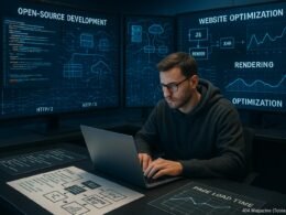 Entwickler arbeitet an einem Laptop in einem modernen Büro mit großen Monitoren, umgeben von Diagrammen, Servergrafiken und Renderpfaden, die die Webentwicklung und SEO-Optimierung symbolisieren.