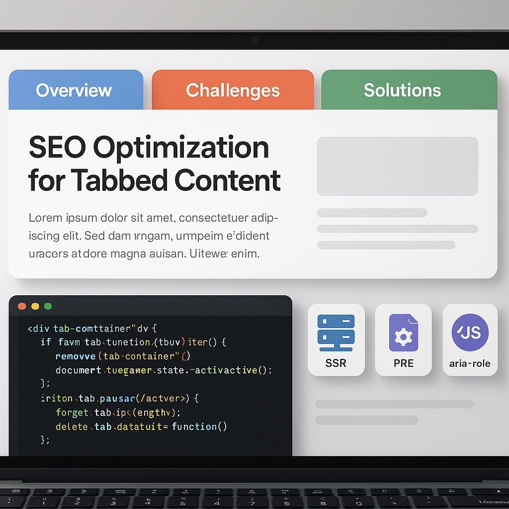 Moderne Website mit farbigen Registerkarten, Entwickler im Hintergrund mit Code und Icons für Server-Rendering, Pre-Rendering und Zugänglichkeit