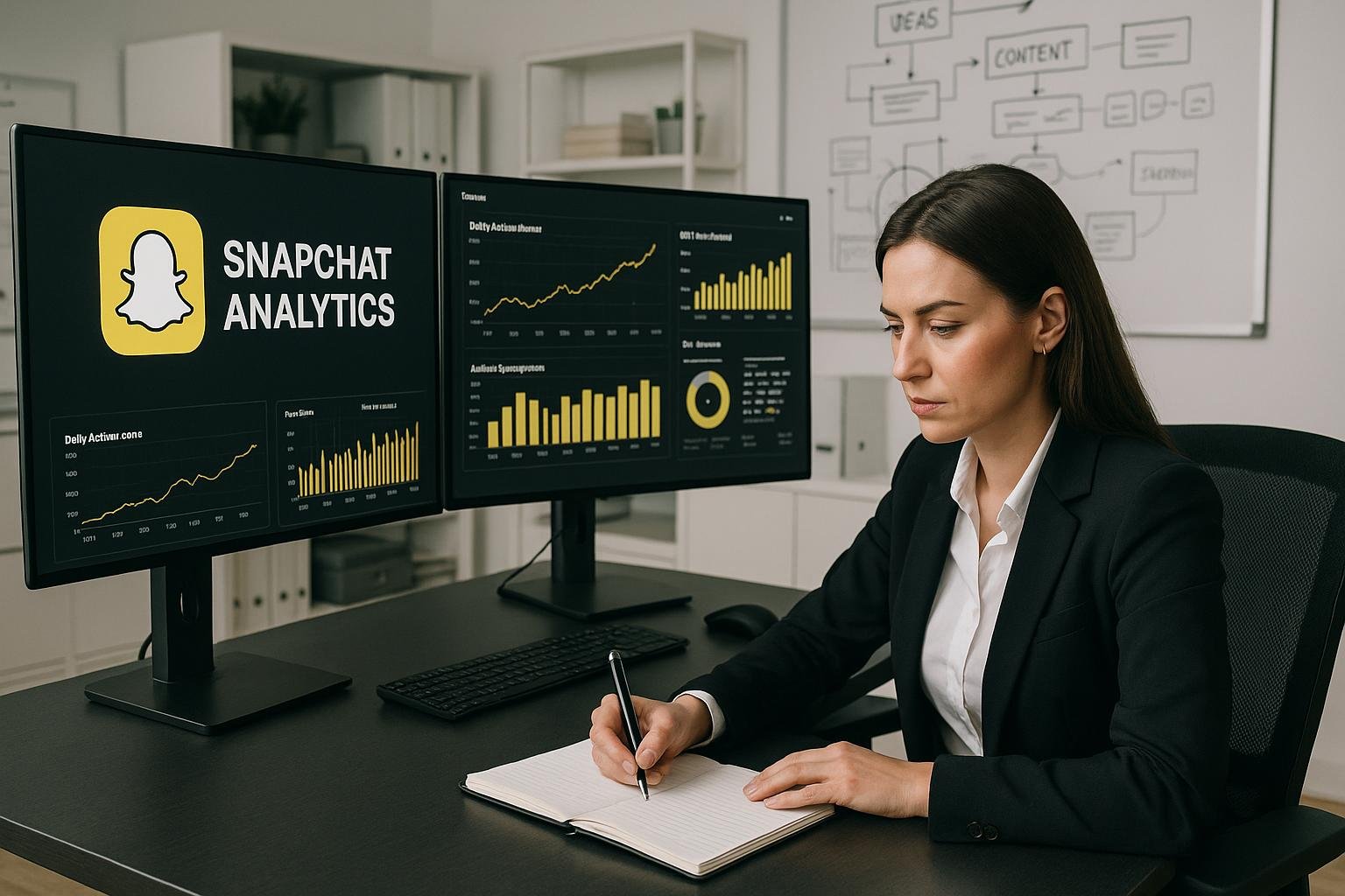 Moderne Arbeitsstation mit großen Bildschirmen, die Snapchat-Analysen und KPI-Dashboards zeigen, eine Marketerin macht Notizen im Büro