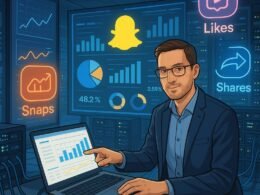 Futuristischer Digital-Analyze-Raum mit Monitoren, Hologrammen von Nutzerinteraktionen und einem Analysten in casual Business-Kleidung, umgeben von Servern und technischen Geräten.