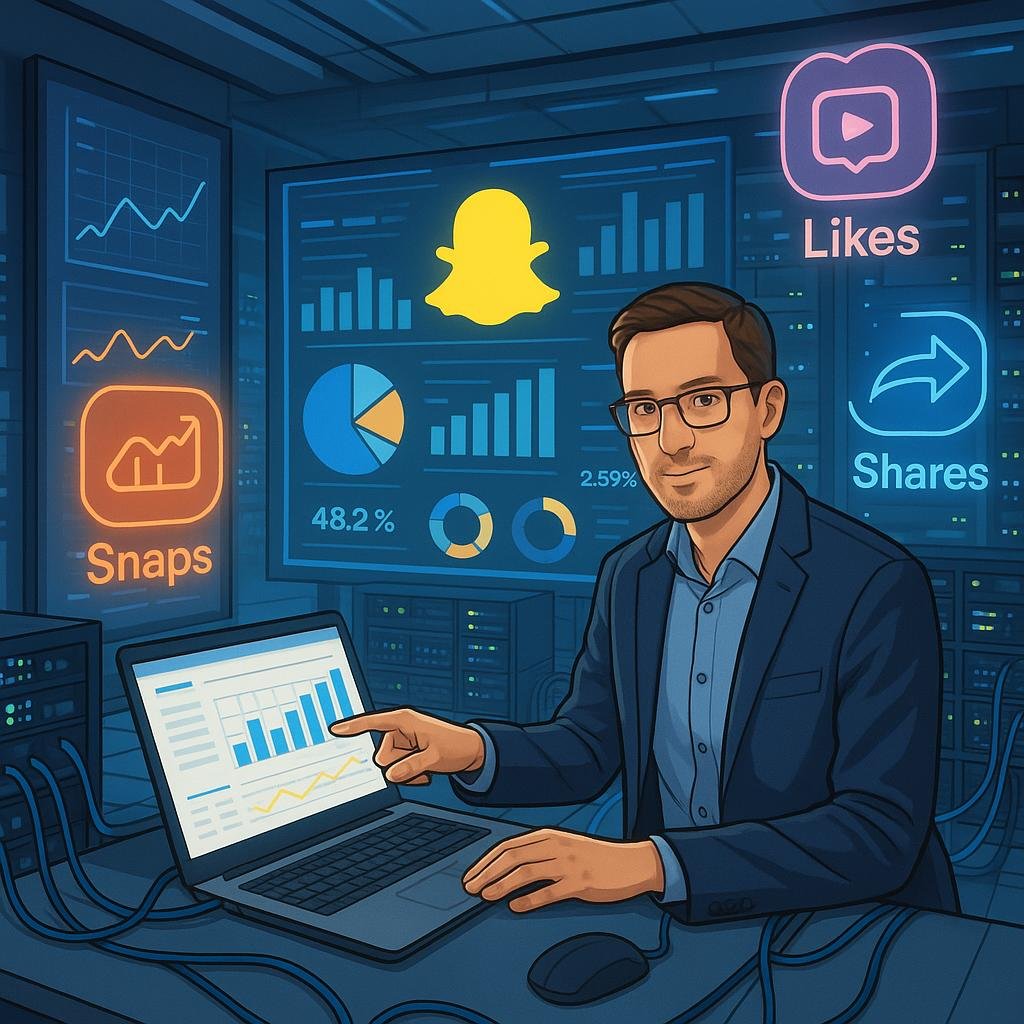 Futuristischer Digital-Analyze-Raum mit Monitoren, Hologrammen von Nutzerinteraktionen und einem Analysten in casual Business-Kleidung, umgeben von Servern und technischen Geräten.