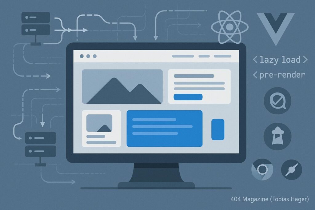 Illustration eines modernen Website-Layouts mit asynchronem Content, Datenströmen und Analyse-Icons, inspiriert von React oder Vue Frameworks.