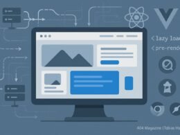 Illustration eines modernen Website-Layouts mit asynchronem Content, Datenströmen und Analyse-Icons, inspiriert von React oder Vue Frameworks.