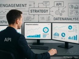 Analyst bei der Datenanalyse vor mehreren Monitoren mit Whiteboard im Hintergrund, das Framework-Diagramme und KPI-Widgets zeigt