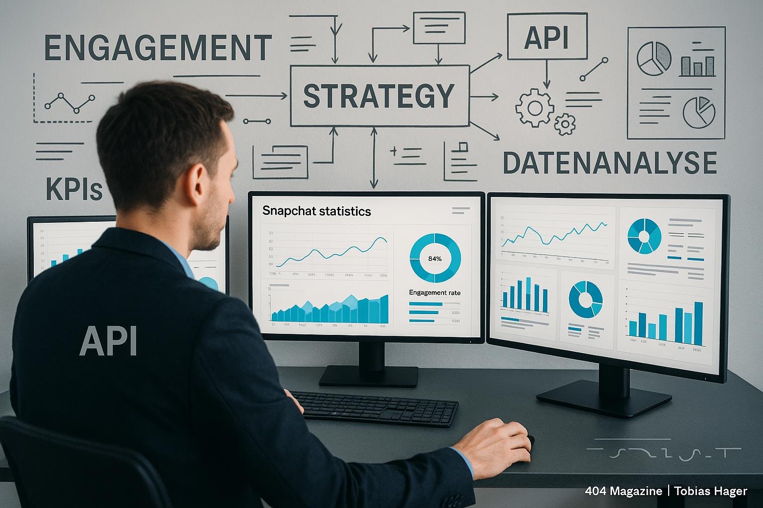 Analyst bei der Datenanalyse vor mehreren Monitoren mit Whiteboard im Hintergrund, das Framework-Diagramme und KPI-Widgets zeigt