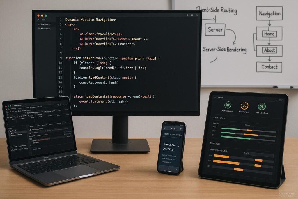 Moderner Arbeitsplatz eines Webentwicklers mit mehreren Bildschirmen, die Code, Browser-Debugging-Tools und Leistungsmetriken zeigen, inklusive Whiteboard mit Diagrammen.