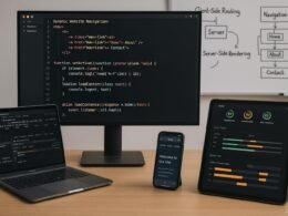 Moderner Arbeitsplatz eines Webentwicklers mit mehreren Bildschirmen, die Code, Browser-Debugging-Tools und Leistungsmetriken zeigen, inklusive Whiteboard mit Diagrammen.