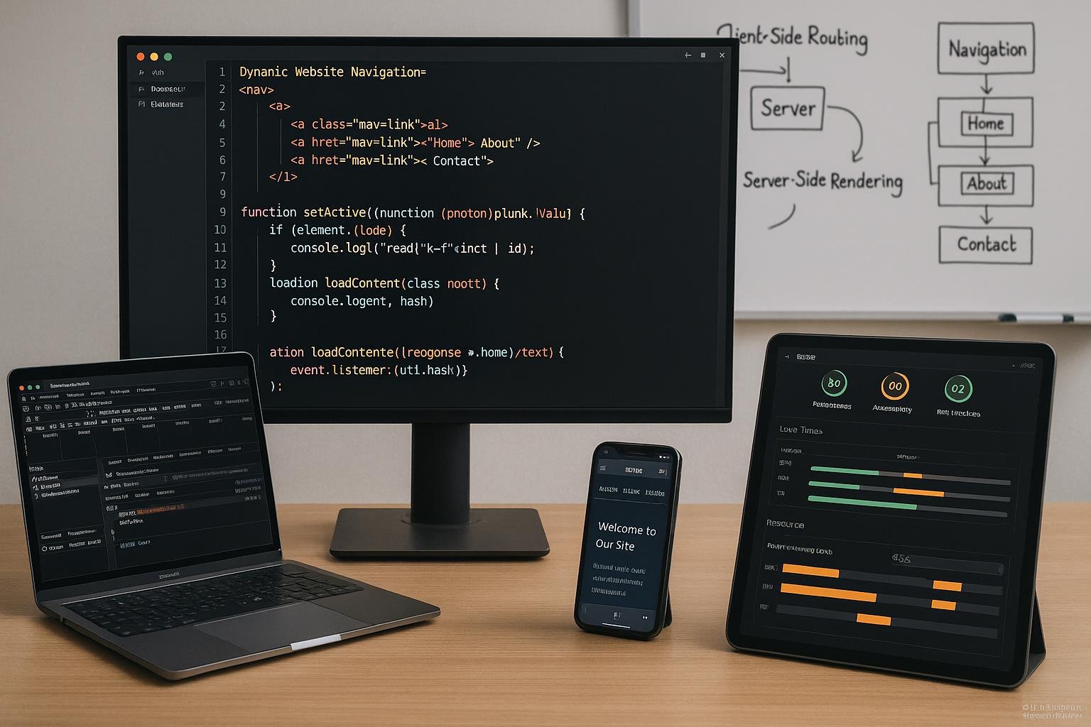 Moderner Arbeitsplatz eines Webentwicklers mit mehreren Bildschirmen, die Code, Browser-Debugging-Tools und Leistungsmetriken zeigen, inklusive Whiteboard mit Diagrammen.