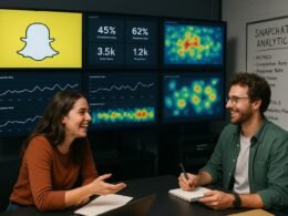 Moderne Bildschirmwand mit Dashboards, Diagrammen und Heatmaps im Snapchat-Marketing-Setup, flankiert von Social-Media-Profis in einem kreativen Büro, im Hintergrund Moderations- und IT-Equipment, mit einer Vita-Folie. Credit: 404 Magazine (Tobias Hager).