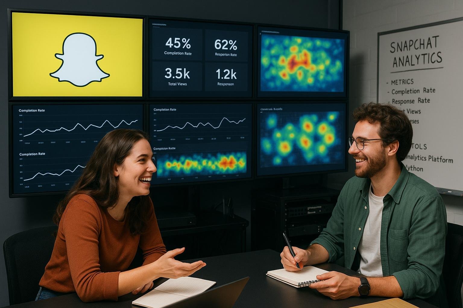 Moderne Bildschirmwand mit Dashboards, Diagrammen und Heatmaps im Snapchat-Marketing-Setup, flankiert von Social-Media-Profis in einem kreativen Büro, im Hintergrund Moderations- und IT-Equipment, mit einer Vita-Folie. Credit: 404 Magazine (Tobias Hager).