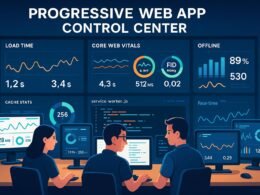 Entwickler vor einem digitalen Dashboard mit Diagrammen, Cache-Statistiken, Service Worker-Skripten und Echtzeit-Analysen in einem technischen Control-Center.