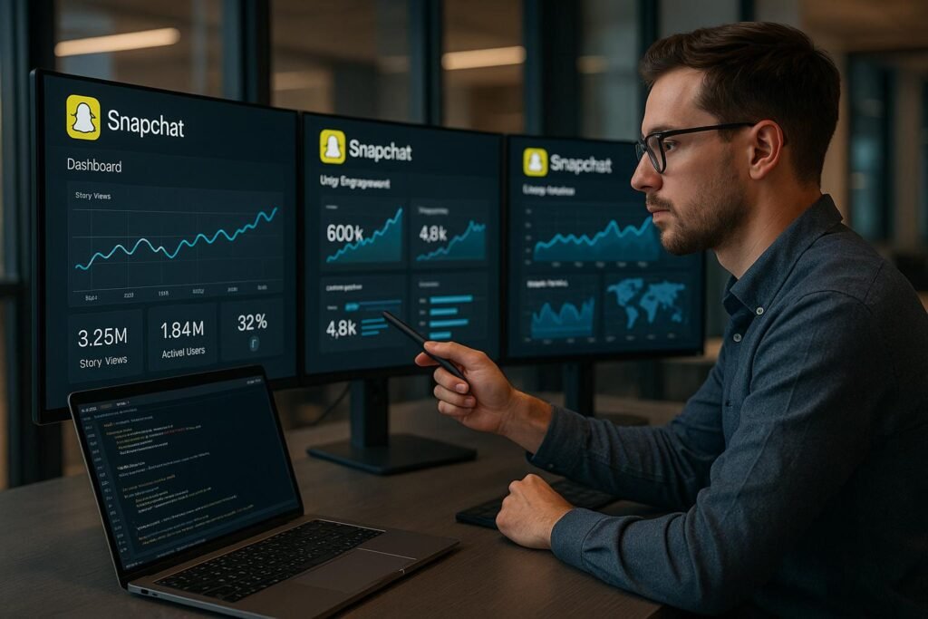 Professioneller Digital Marketing Analyst sitzt an einem stilvollen Schreibtisch mit mehreren Monitoren, die Snapchat Analytics anzeigen, und arbeitet konzentriert mit einem Stylus. Im Hintergrund modernes Büro mit ambientem Licht, neben einem offenen Laptop mit Code und API-Daten.