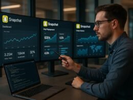 Professioneller Digital Marketing Analyst sitzt an einem stilvollen Schreibtisch mit mehreren Monitoren, die Snapchat Analytics anzeigen, und arbeitet konzentriert mit einem Stylus. Im Hintergrund modernes Büro mit ambientem Licht, neben einem offenen Laptop mit Code und API-Daten.
