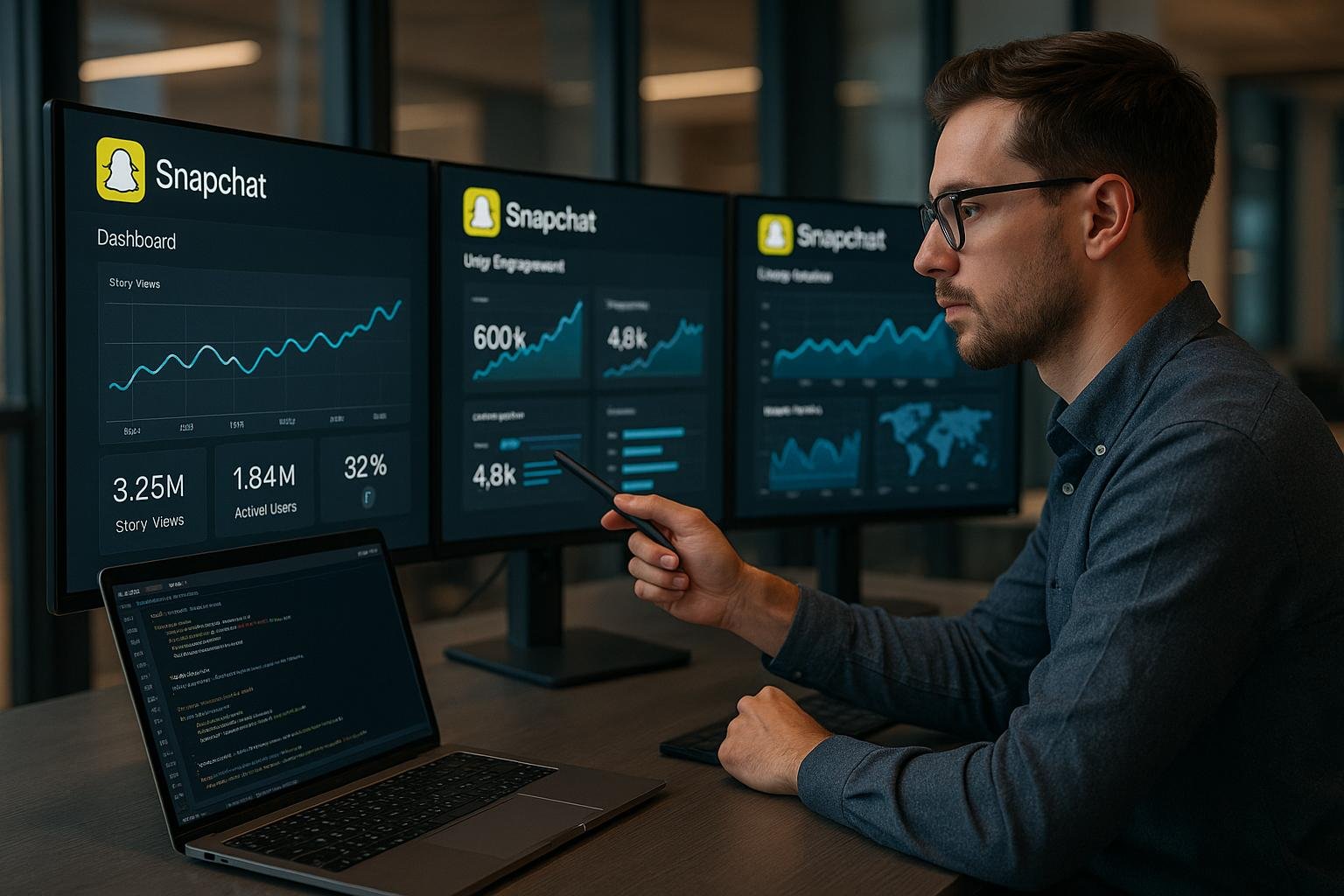 Professioneller Digital Marketing Analyst sitzt an einem stilvollen Schreibtisch mit mehreren Monitoren, die Snapchat Analytics anzeigen, und arbeitet konzentriert mit einem Stylus. Im Hintergrund modernes Büro mit ambientem Licht, neben einem offenen Laptop mit Code und API-Daten.