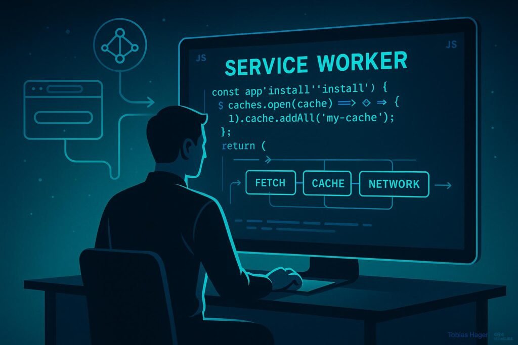 Entwickler vor einem großen Bildschirm mit komplexem JavaScript- und Service Worker-Code in einem minimalistischen, futuristischen Design mit blauen und grünen Akzenten
