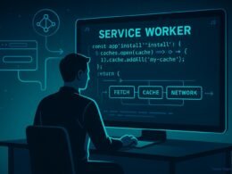 Entwickler vor einem großen Bildschirm mit komplexem JavaScript- und Service Worker-Code in einem minimalistischen, futuristischen Design mit blauen und grünen Akzenten