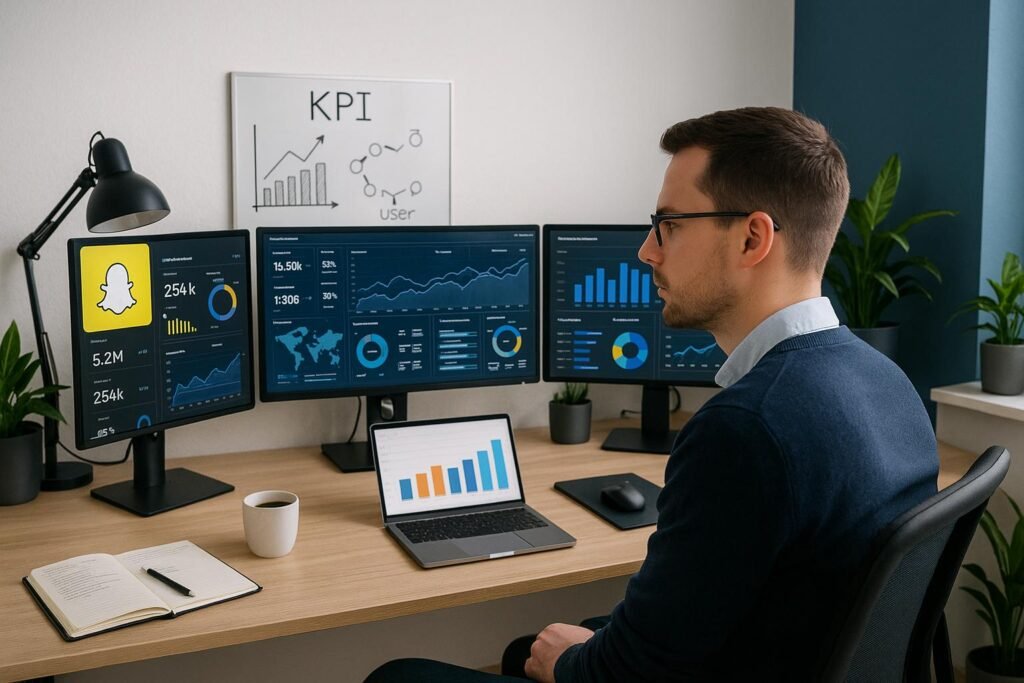 Modernes Arbeitszimmer mit mehreren Monitoren, auf denen Analytics-Dashboards und Diagramme angezeigt werden, inklusive Person, Whiteboard und technischen Geräten