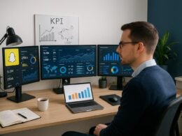 Modernes Arbeitszimmer mit mehreren Monitoren, auf denen Analytics-Dashboards und Diagramme angezeigt werden, inklusive Person, Whiteboard und technischen Geräten