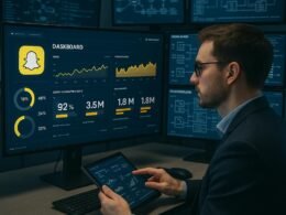 Analyst vor mehreren Monitoren in einem Control Room mit Datenvisualisierungen zu Snapchat-Engagement, hinter ihm Bildschirm mit Dashboard und Datenflussschemen, während er mit Tablet arbeitet