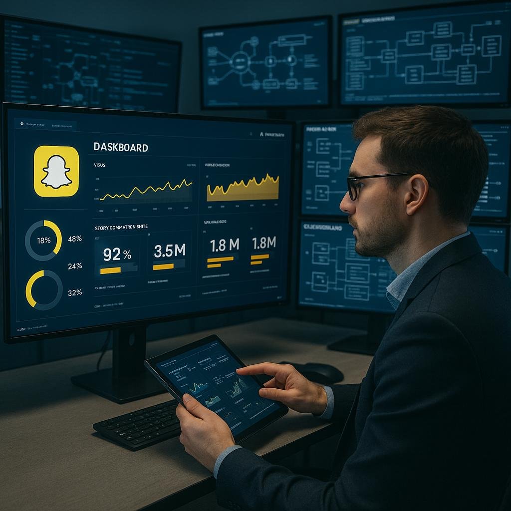 Analyst vor mehreren Monitoren in einem Control Room mit Datenvisualisierungen zu Snapchat-Engagement, hinter ihm Bildschirm mit Dashboard und Datenflussschemen, während er mit Tablet arbeitet