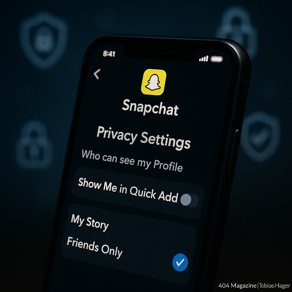 Nahaufnahme eines Smartphones mit Snapchat-App, Anzeige der Privatsphäre-Einstellungen und Sicherheitsicons im Hintergrund