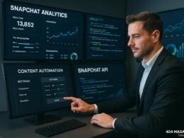 Moderner Arbeitsplatz mit Bildschirmen, die Snapchat-Analysen und API-Codes zeigen, während ein Marketer den Touchscreen für Automatisierung steuert. Credit: 404 Magazine (Tobias Hager).