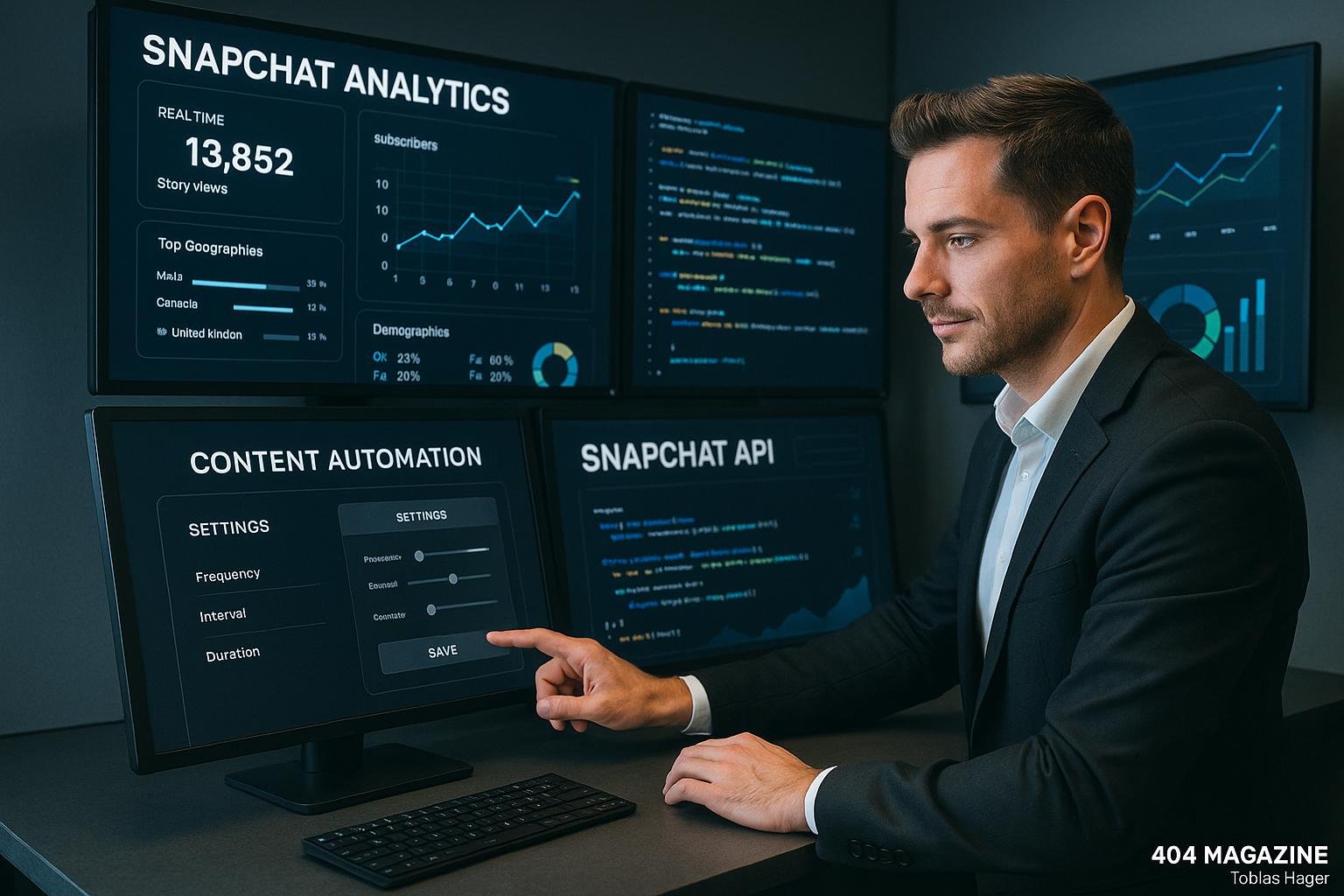 Moderner Arbeitsplatz mit Bildschirmen, die Snapchat-Analysen und API-Codes zeigen, während ein Marketer den Touchscreen für Automatisierung steuert. Credit: 404 Magazine (Tobias Hager).